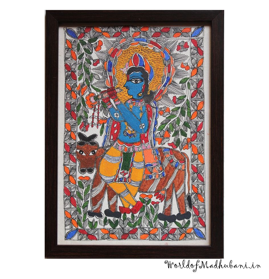 Krishna Cow Theme madhubani painting , Buy at Worldofmadhubani.in