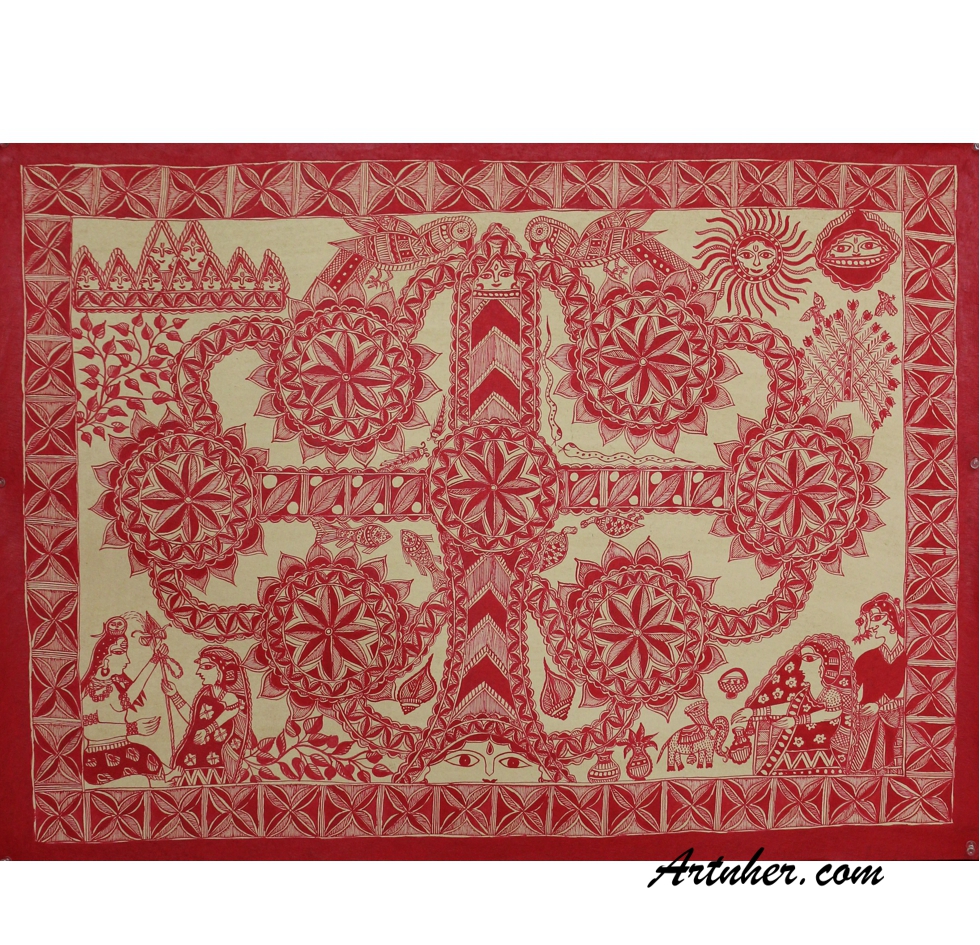 EH000036 Red Kohbar Blessings painting worldofmadhubani.in